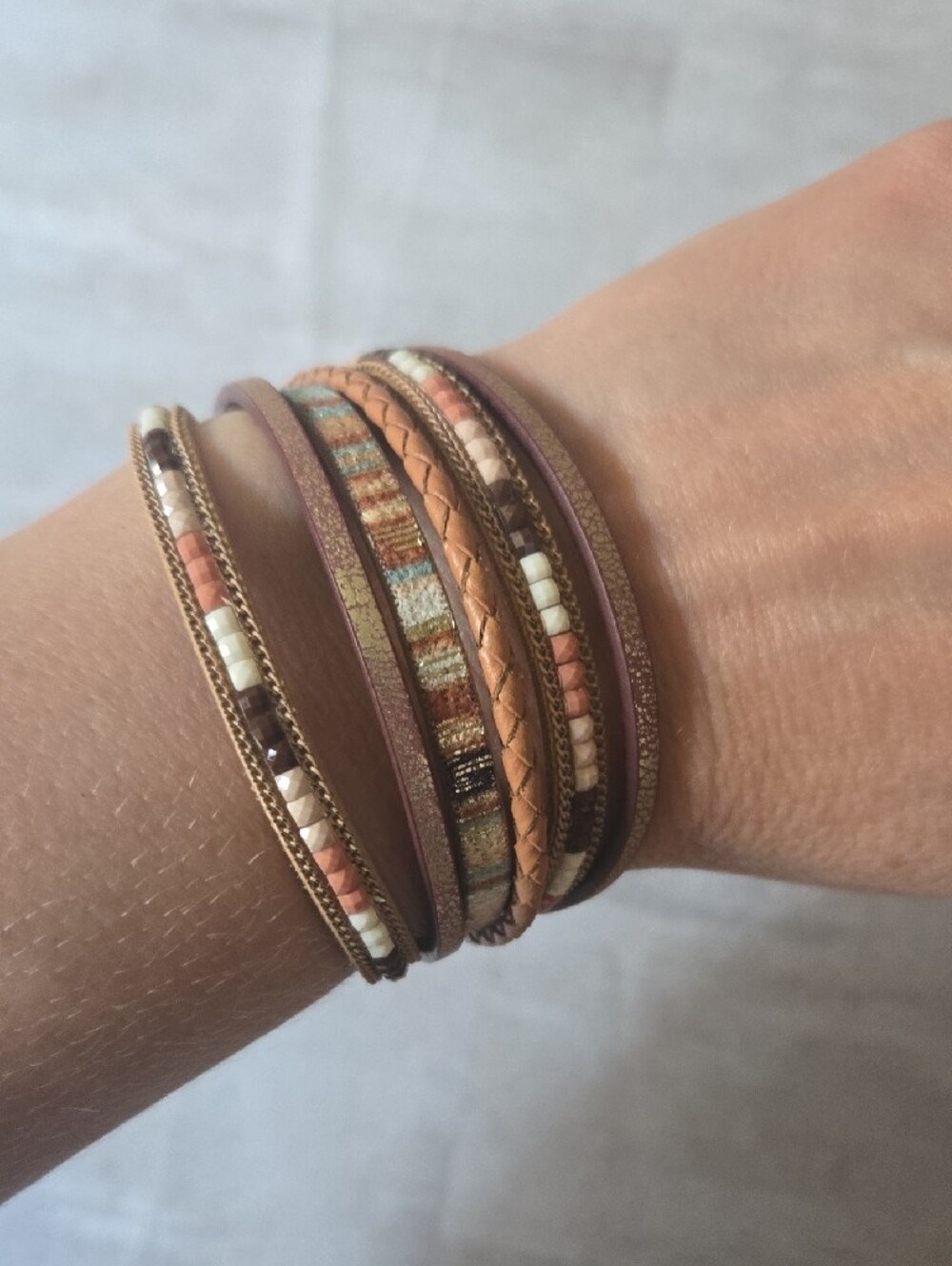 Boho Beaded Multi Strand Leather Wrap Bracelet Magnetic Clasp Cuff Stacked